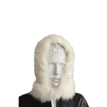 Load image into Gallery viewer, A mannequin head wearing a white knitted fox fur cap-hood-scarf.