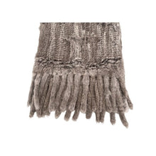Load image into Gallery viewer, A knitted mink scarf with a furry texture in shades of gray and beige, displayed against a white background.