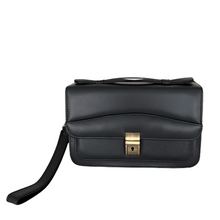 Load image into Gallery viewer, A black drivers-style small handbag for men with nubuck leather, featuring multiple compartments and an exterior zippered pocket, with a buckle closure.