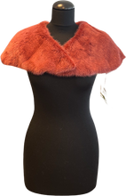 Load image into Gallery viewer, A raspberry red mink bolero jacket with a fur lining and hook fastening, displayed on a mannequine.
