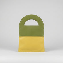Load image into Gallery viewer, A blue and yellow colored, solid patterned leather handbag with a simple design and a handle.