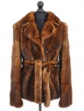 Load image into Gallery viewer, A brown mink jacket with a belt and fur trim on the collar, displayed on a mannequin.