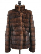 Load image into Gallery viewer, A brown mink jacket with a stand collar, front pockets, and fur hook fastening on a mannequin.