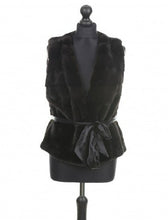 Load image into Gallery viewer, A brown mink fur vest with a silk belt on a mannequin.