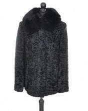 Load image into Gallery viewer, Black astrakhan fur jacket with a mandarin collar and front pockets, displayed on a mannequin.