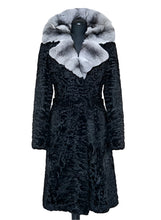 Load image into Gallery viewer, Black fur coat with a large gray fur hood on a mannequin against a white background
