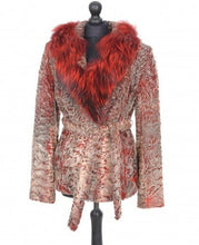 Load image into Gallery viewer, Red greyish dyed astrakhan jacket with dyed red Silver fox collar, featuring fur hooks fastening, a tie, and pockets at the front.