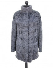 Load image into Gallery viewer, A light grey astrakhan coat with a stand violet mink collar, featuring front pockets and fur hooks fastening, displayed on a mannequin.
