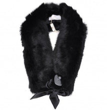 Load image into Gallery viewer, A black rabbit fur scarf with a silk stripe tie and a brand tag attached to it.