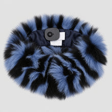 Load image into Gallery viewer, Deep blue and black inserts Bluefox scarf with lining and fur hook fastening,
wearable in several ways.