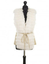 Load image into Gallery viewer, A beige color sheep leather vest with raccoon fur trimming, displayed on a mannequin. It has a fitted silhouette with a hook opening front and a belt underneath.