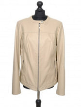 Load image into Gallery viewer, Beige short sheep leather jacket with zipper opening and round collar, displayed on a mannequin.
