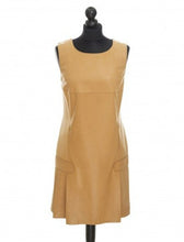 Load image into Gallery viewer, Camel color sleeveless midi length sheep leather dress with a round neckline and an invisible zipper at the back, displayed on a mannequin.