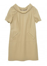 Load image into Gallery viewer, Beige color midi length sheep leather dress with round neckline and sleeveless design.