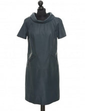 Load image into Gallery viewer, Blue color leather dress with round neckline and short sleeves, displayed on a mannequin.