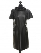 Load image into Gallery viewer, Black leather midi dress, round neck, pockets in front