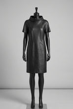 Load image into Gallery viewer, Black leather midi dress, round neck, pockets in front
