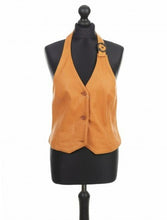 Load image into Gallery viewer, Orange sheep leather vest with a fitted silhouette, buttons at the front, and an adjustable stripe around the neck, displayed on a mannequin.