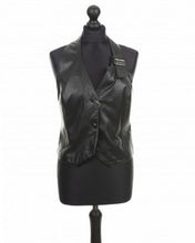 Load image into Gallery viewer, Black sheep leather vest with a fitted silhouette, front buttons, and an adjustable strap around the neck, displayed on a mannequin.