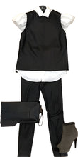Load image into Gallery viewer, Black sleeveless top, white shirt, black pants, black clutch, and brown shoes on a white background.