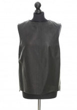 Load image into Gallery viewer, Black sleeveless leather blouse with round neckline and laser perforated leather in front, red lining, displayed on a mannequin.