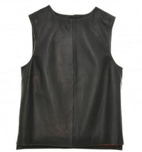 Load image into Gallery viewer, Black sleeveless leather blouse with round neckline and laser perforated leather in front, red lining, displayed on a white background.