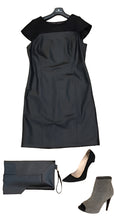 Load image into Gallery viewer, Black dress with matching clutch and shoes on a white background