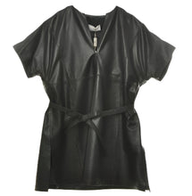 Load image into Gallery viewer, A black leather mini skirt-blouse-tunic displayed on a white background, featuring a V-neckline, short sleeves, and a belt.