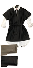 Load image into Gallery viewer, Black dress with white shirt, beige clutch, and black leggings on a white background