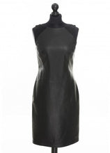 Load image into Gallery viewer, Black sleeveless leather dress with round neckline and suede details at the upper front, fitted silhouette, midi length.