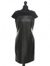 Load image into Gallery viewer, Black color, midi length sheep leather dress with suede detail on the front, short sleeves, and a round neckline. The dress features an invisible zipper at the back.