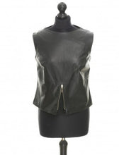 Load image into Gallery viewer, Black sheep leather sleeveless blouse-top with decorative zip at the front displayed on a mannequin.