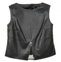 Load image into Gallery viewer, Black sheep leather sleeveless blouse-top with decorative zip at the front on a white background.