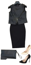 Load image into Gallery viewer, Black sleeveless top, black pencil skirt, black clutch, beige heels on a white background