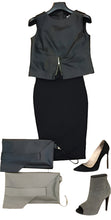 Load image into Gallery viewer, Black sleeveless top, black pencil skirt, grey clutch, black high heels, and grey open-toe shoes on a white background.