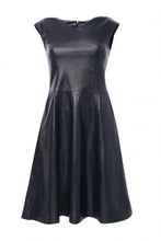 Load image into Gallery viewer, Black color sleeveless midi length dress with V-neckline, featuring a fitted silhouette and an invisible zipper at the back. The dress is made of sheep leather.
