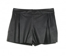 Load image into Gallery viewer, A pair of black perforated leather shorts with a textured pattern, featuring a elastic waistband.