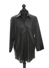 Load image into Gallery viewer, Black colour sheep perforated leather blouse-shirt on a mannequin, with 3/4 length sleeves and a regular neckline.