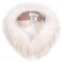Load image into Gallery viewer, A white raccoon fur scarf with a visible brand tag, displaying the product to the camera.