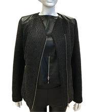 Load image into Gallery viewer, Black textured jacket with leather accents on a mannequin against a white background