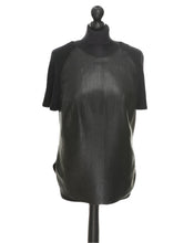 Load image into Gallery viewer, A black knitted fabric short sleeve blouse with perforated sheep leather at the front, all the back zipping, adjusting the width, displayed on a mannequin.