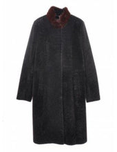 Load image into Gallery viewer, A dark chocolate brown long sheepskin fur coat with a regular collar and burgundy mink fur detailing on the cuffs. It features a loose fit and fur hooks fastening, with front pockets and a lining inside.