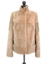 Load image into Gallery viewer, Beige sheepskin fur jacket with stand collar and small hidden pockets at front