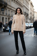 Load image into Gallery viewer, Beige sheepskin fur jacket with stand collar and small hidden pockets at front