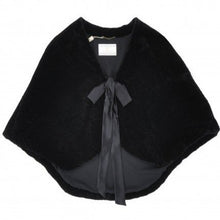 Load image into Gallery viewer, A black merino sheepskin fur cloak displayed on a white background, featuring a silk tie fastening and lining inside.