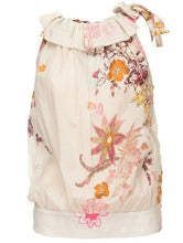 Load image into Gallery viewer, A beige linen blouse with a floral pattern, sleeveless design, and a ruffled neckline.