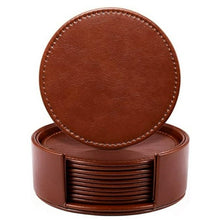 Load image into Gallery viewer, A Set of round brown Leather Coasters for Drinks with decorative stitching, 6pcs.