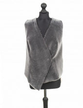 Load image into Gallery viewer, Grey reversible suede merino sheepskin fur vest displayed on a mannequin with a fitted silhouette and open front design.