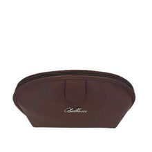 Load image into Gallery viewer, A small brown leather cosmetic bag with a zipper closure and a brand logo embossed on the surface.