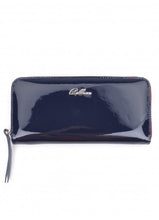Load image into Gallery viewer, A dark blue patent leather wallet for women with multiple compartments and a zip fastening, branded with 'Colnaghi' on the front.